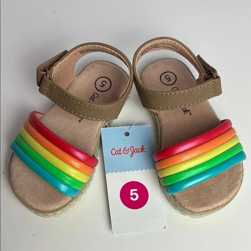 NWT Cat & Jack Red Orange Sandals with Puffy Soft Rainbow Straps